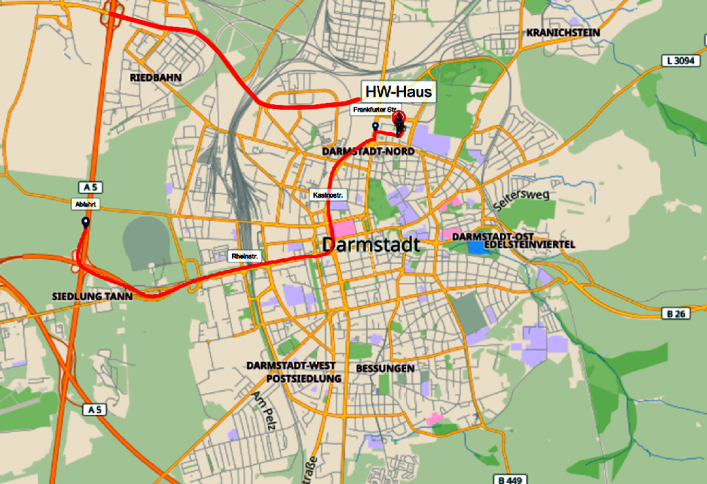           KARTE ANFAHRT ZUR WALDSPIRALE IN DARMSTADT